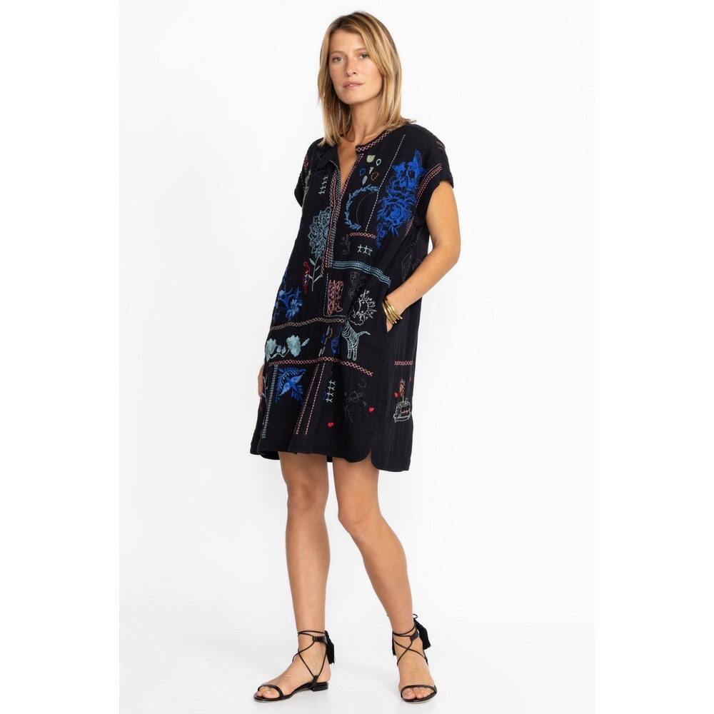 Johnny Was Biya XS Nahmad Dress Embroidered Crinkle Gauze Black Boho Butterfly